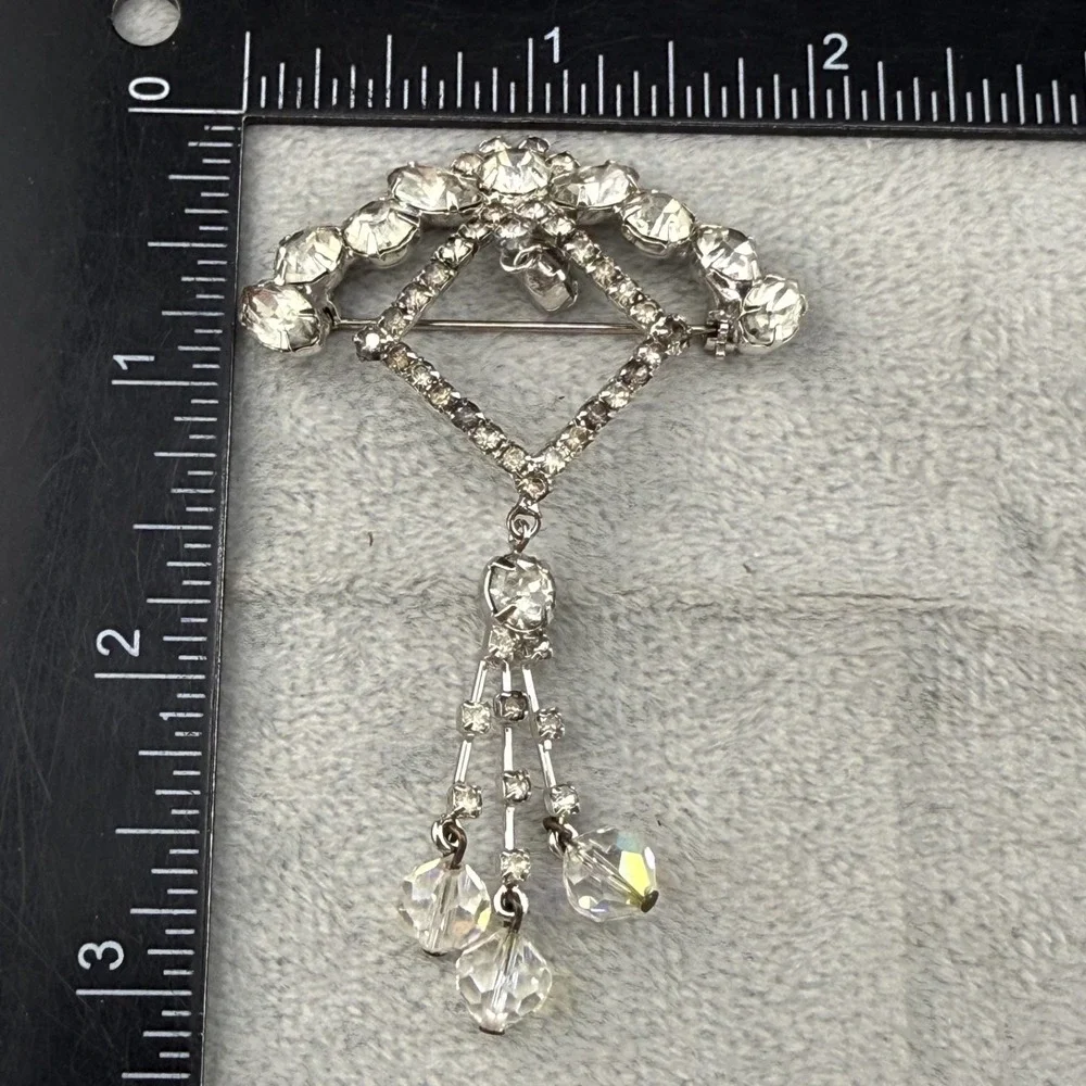 Vintage Estate Rhinestone Brooch Silver Tone Dangle AB Crystal Unique